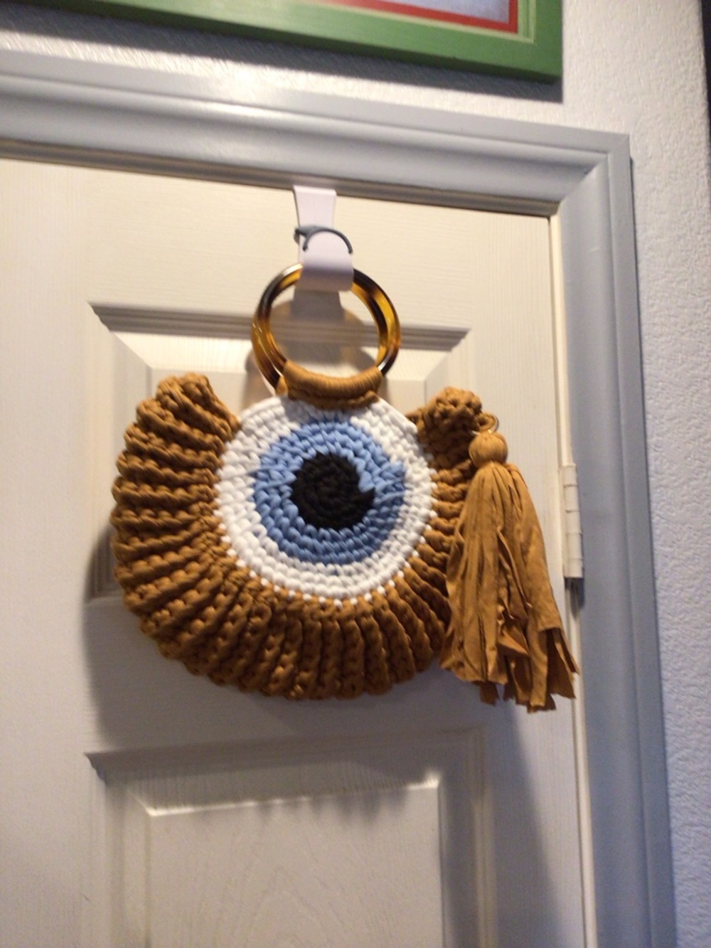 Round Crochet Eye Handbag with Tortoiseshell Ring Handle - Mustard & Blue